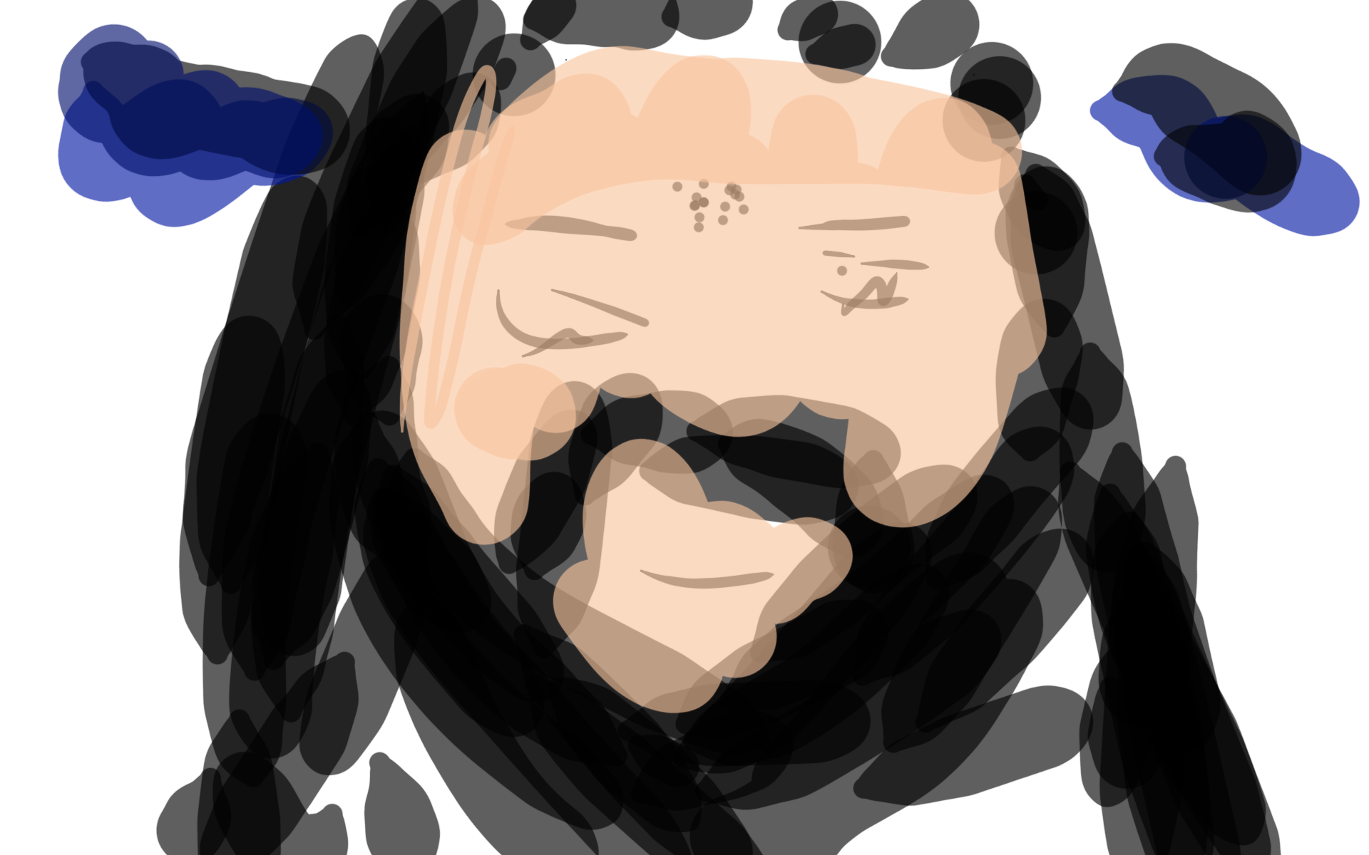 A colorful digital drawing by Erwin of his uncle Sasan, with long braided dark hair, a beard, and a calm smile.